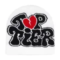 Macro detail of white knitted beanie featuring black TIER lettering and red broken heart - White with Red Heart