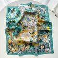 Detailed macro view of nature floral print silk scarf with sunflower and green border - 65cm x 65cm / Cyan