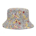Detailed close-up of vibrant floral print texture on a soft cotton bucket hat fabric - M (56-58cm) / White