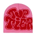 Pink and red Y2K knitted beanie featuring jacquard TOP TIER letter pattern for street style - Pink With Red Letter