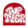 Deep red Y2K knit beanie with white Top Tier graffiti style lettering on white background - Dark Red With White Letter