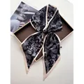 Elegant silk-like twilly scarf with black and white animal chain print and beige border - Black and White Illustration Beige Border Style (Style 6)