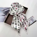 Elegant ivory faux silk twilly scarf with colorful polo and equestrian print details - Off-White Base Colorful Polo Sports Style (Style 13)