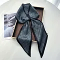 Elegant grey-blue plaid silk skinny scarf and headband with black trim in a chic bow tie shape - Gray-Blue British Plaid Color Block Style (Style 19)