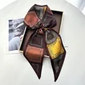 Elegant paisley and polka dot silk-like twilly scarf in retro caramel and brown tones - Caramel Brown & Yellow Paisley Patchwork Style (Style 28)