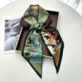 Elegant tropical horse print silk satin scarf for women in deep green and mustard tones - Dark Green Vintage Equestrian Narrative Illustration Style (Style 29)