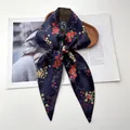Elegant navy blue floral skinny silk scarf with realistic red and yellow flower pattern - Realistic Red and Yellow Floral Print on Dark Blue Base (Style 37)