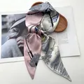 Elegant silk twilly scarf with pastel chain and tassel print on a minimalist background - Retro Pink Blue Grey Color Block Tassel Style (Style 39)