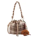 Sac seau en laine à carreaux avec poignée tressée et charm nounours pour l'automne - Sans Pendentif / Carreaux Kaki