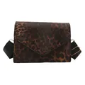 Fashionable leopard print crossbody bag with wide black strap and gold metal hardware - Brown