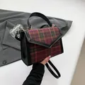 Retro plaid wool small square bag in purple and red check with black leather trim - Red