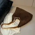 Deep brown faux shearling tote bag with leather straps for autumn and winter commuting - Brown