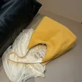 Large bright yellow faux shearling tote bag with white leather strap and fluffy texture - Yellow