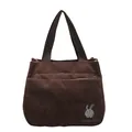 Borsa tote in velluto a coste marrone con ricamo a coniglio e tasca anteriore - Marrone Scuro