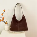 Dark brown velvet hobo bag with gold rivet accents and retro moon shape design - Coffee