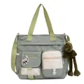 Große graugrüne Canvas-Tragetasche mit mehreren Taschen und süßem Froschanhänger - Grün
