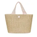 Sac cabas en paille tissée avec poignées en toile et bouton pression pour vacances d'été - Blanc Cassé