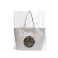 White leather tote bag with colorful elephant relief pattern and gold metal rivets - White