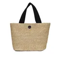 Sac à main en paille tressée avec poignées en tissu noir et bouton de fermeture rond - Noir