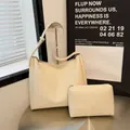 Creamy beige large capacity tote bag and matching pouch set with adjustable strap - Off White