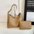 Light brown minimalist tote bag and small pouch set in premium matte faux leather - Khaki