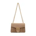 Beige faux leather shoulder bag with floral embossing and gold M-letter clasp - Khaki