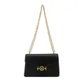 Black embossed faux leather shoulder bag with gold M buckle and chain strap - Black