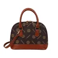 Vintage-Henkeltasche in Dunkelbraun mit Karamelldetails und goldenen Metallelementen - Markenbuchstabe Kaffee