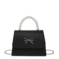 Elegant black glitter square handbag with pearl handle and silver bow chain strap - Black