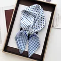 Elegant silk-like white square scarf with navy polka dots in a premium gift box set - Blue