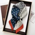 Elegant paisley and floral satin scarf with orange border in a luxury gift box - Navy Blue Orange Paisley Splice Style (29)