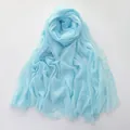 Light blue cotton linen scarf with natural crinkle texture and fringed edges for women - Light Blue