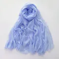 Light blue cotton linen scarf with textured wrinkles and frayed fringe edges for women - Light Blue