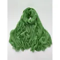 Grass green linen cotton blend scarf with natural crinkles and frayed tassel edges - Grass Green