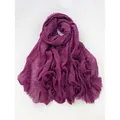 Deep purple cotton linen scarf with elegant crinkled texture and frayed edge fringe - Deep purple