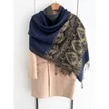 Navy blue ethnic style thick shawl scarf with golden baroque pattern and tassels - Dark Blue