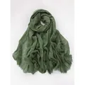 Deep green cotton linen scarf with natural crinkle texture and fringe edges - Dark Green