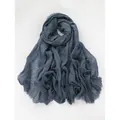 Deep blue-grey pleated cotton linen scarf for women with textured bubble fabric style - Grey Blue