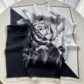 Elegant square silk scarf featuring black and white hand-drawn rose floral pattern - Black