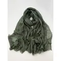 Long cotton linen scarf with fringe edges and crinkle texture in deep moss green - Olive Green