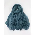 Deep teal cotton linen scarf with pleated texture and vintage frayed edges - Teal