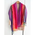 Ethnic paisley embroidered shawl with rainbow gradient fringe and silky finish - Purple Pink