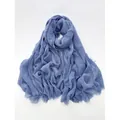 Blue cotton linen scarf for women with textured crinkle finish and frayed edges - Blue