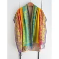 Rainbow gradient paisley embroidered shawl with tassel trim in vibrant multi-colors - Green Yellow