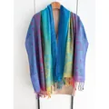 Rainbow gradient shawl with paisley embroidery and colorful tassels on coat - Blue and Yellow