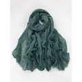 Deep green cotton linen scarf with frayed edges and textured gauze fabric style - Dark Green