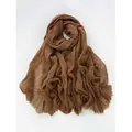 Caramel brown cotton linen scarf with natural crinkle texture and fringed edges - Caramel color