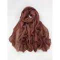 Deep reddish-brown linen cotton scarf for women with textured wrinkles and frayed edges - Reddish Brown