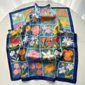 Detail of artistic oil painting flower print on silk square scarf with navy blue border - Blue