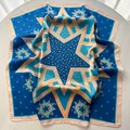 Blue and orange silk square scarf featuring large five-point star and polka dot pattern - Blue